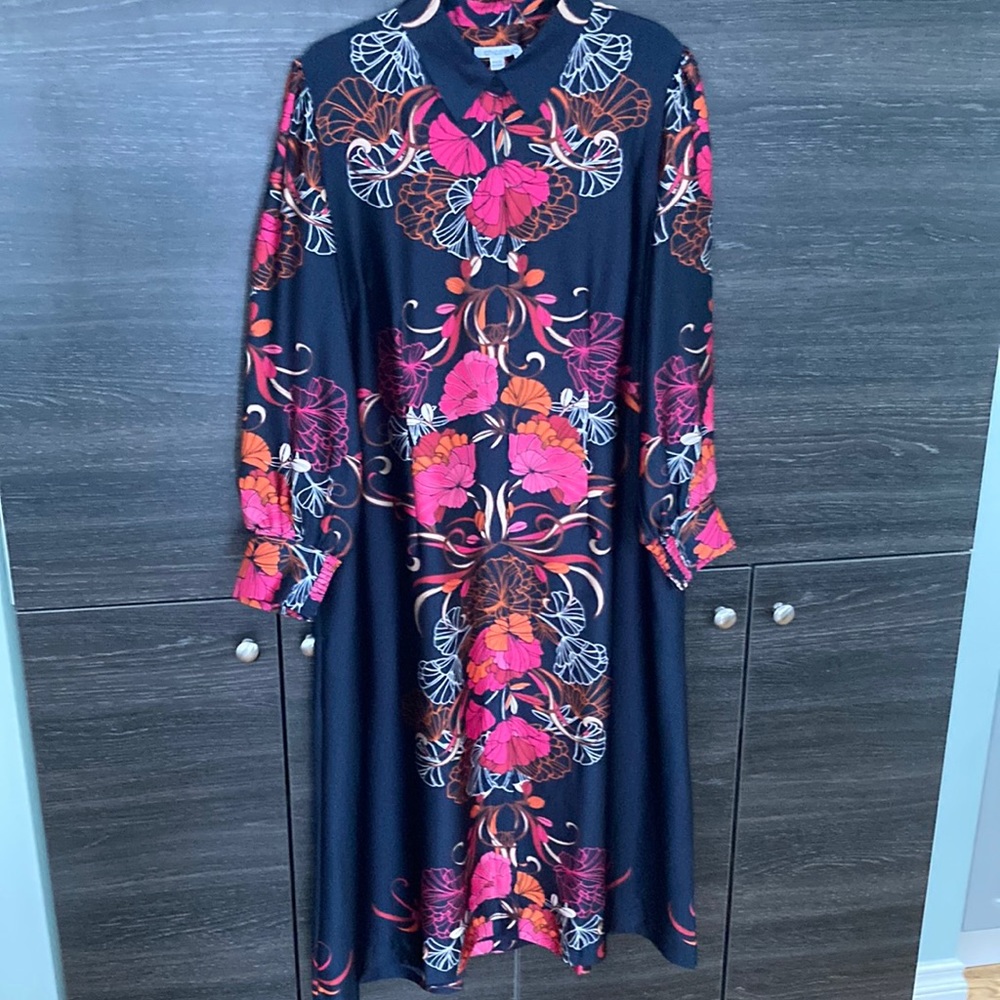 NWT Chico’s Navy Floral ALine Dress Button Front Shirt Dress Poppy Print Size 16